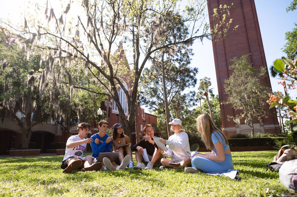 Students sitting on the greenspace on campus