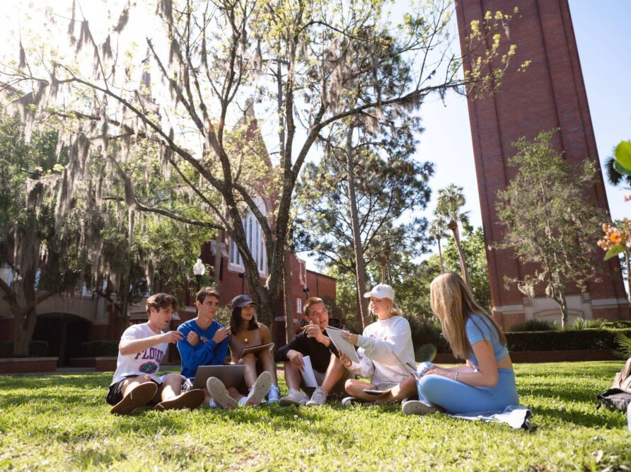 Six UF students study together on a lawn on campus