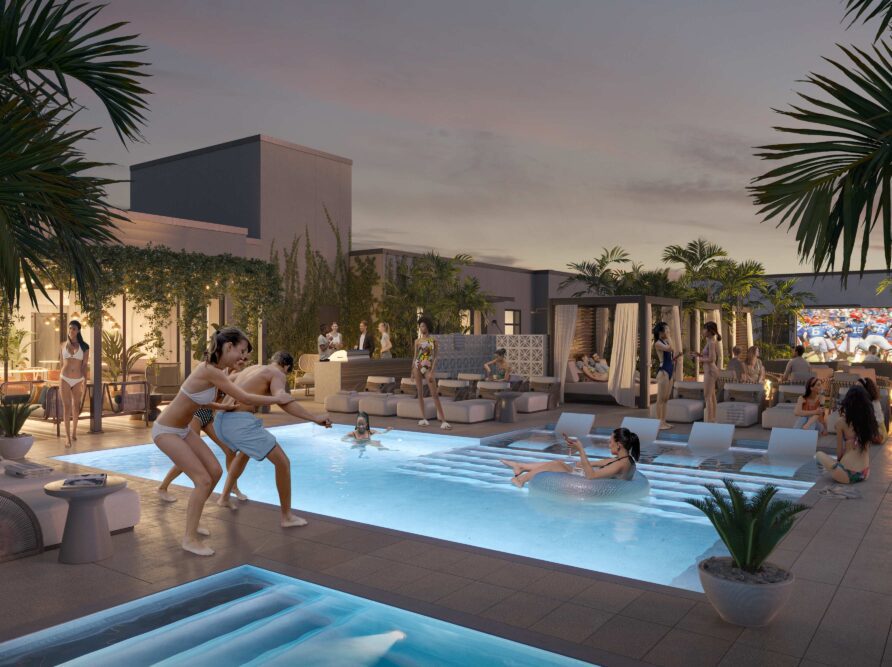 rendering of rooftop pool deck at sweetwater student apartments in gainesville florida