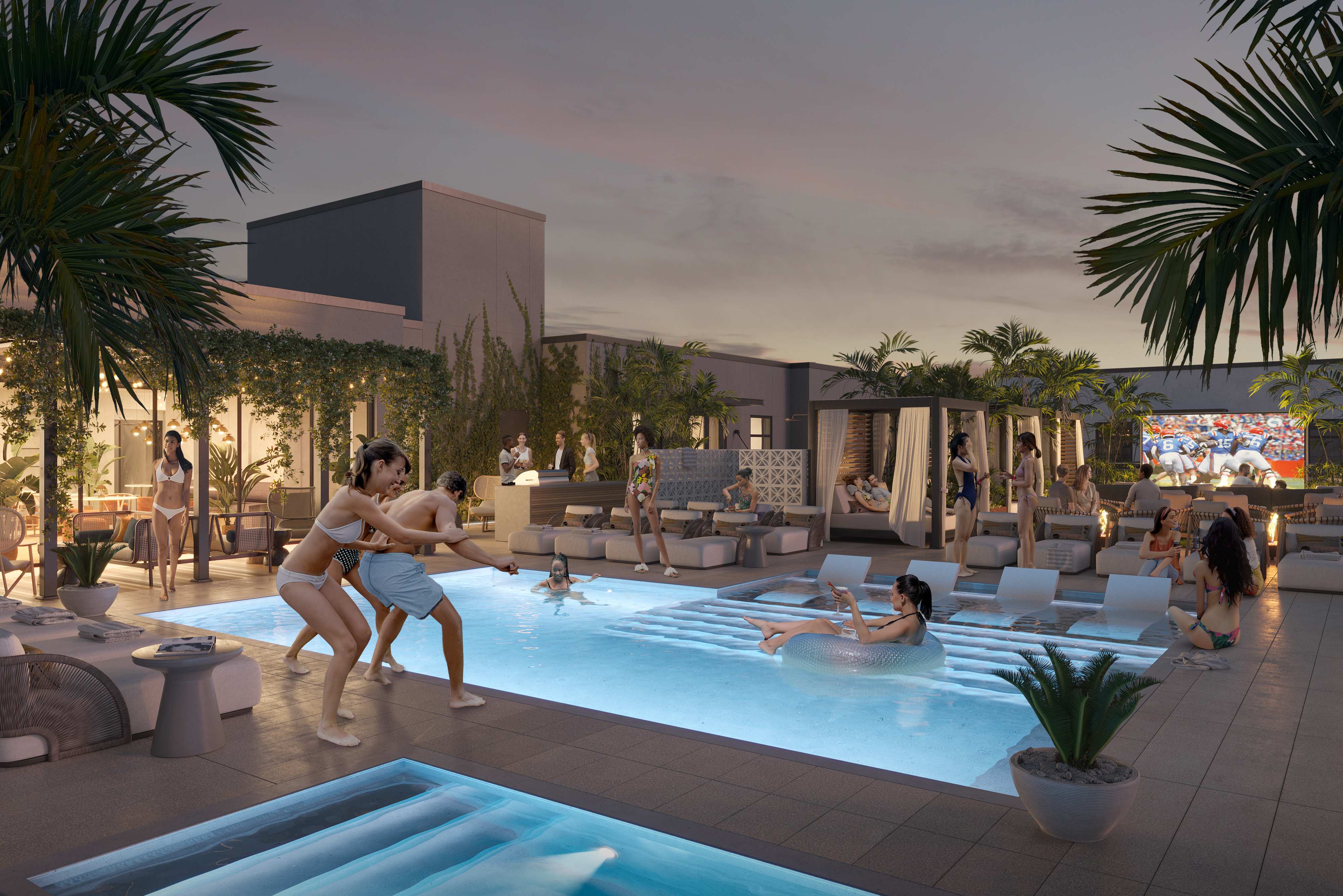 rendering of rooftop pool deck at sweetwater student apartments in gainesville florida