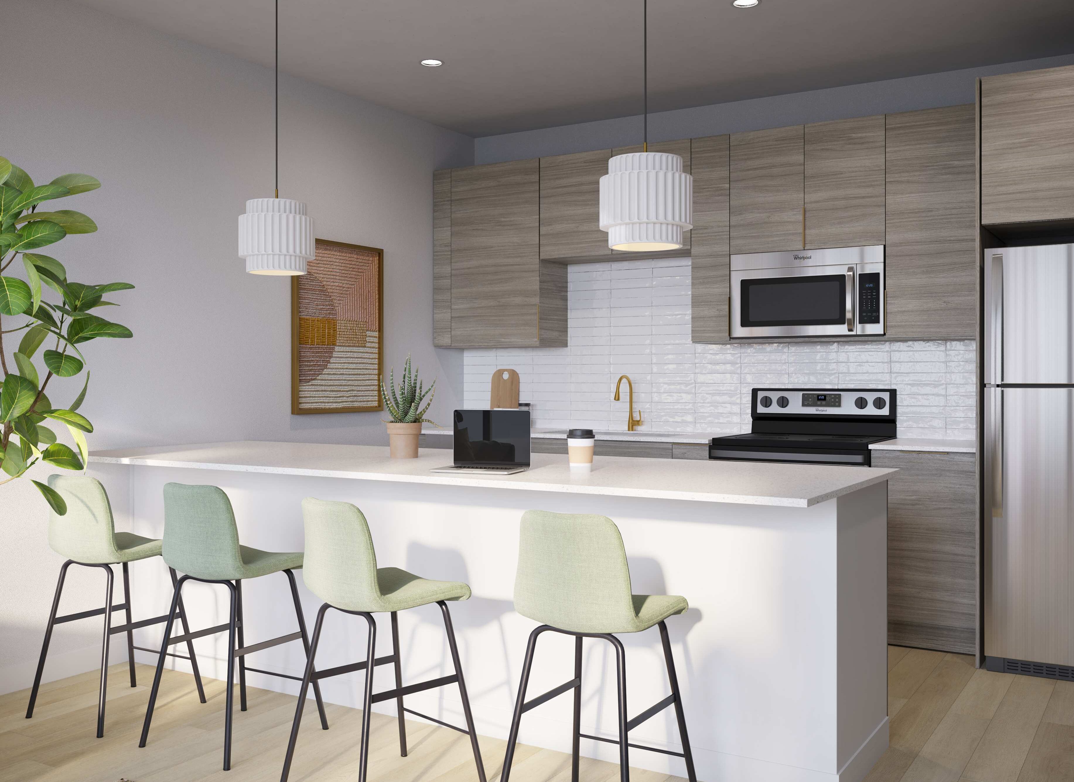 Representative rendering of the kitchen of the hoxton 5x5 at sweetwater gainesville