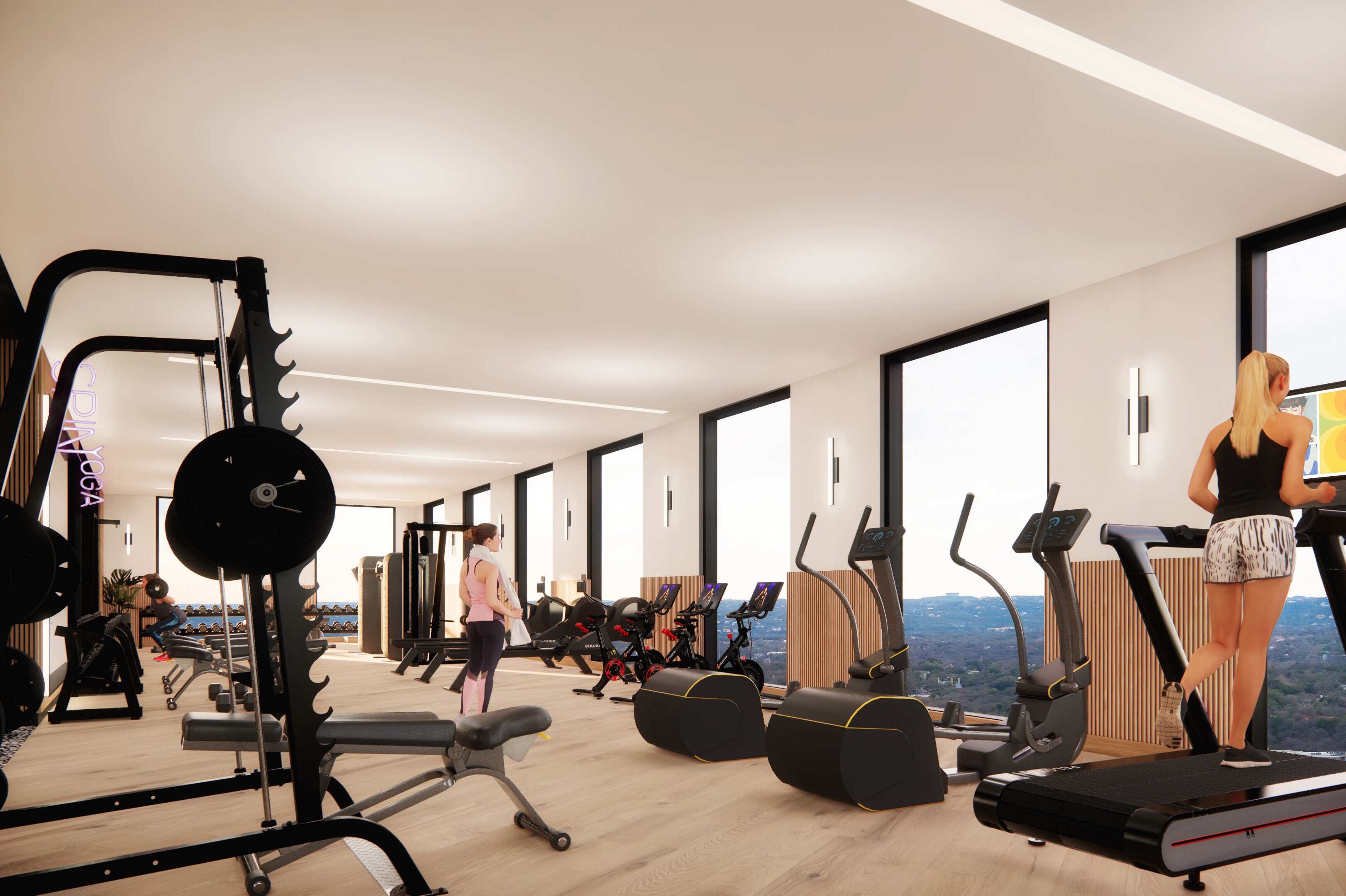 rendering of fitness room at Waterloo Tower, student housing apartment in West Campus near UT Austin.