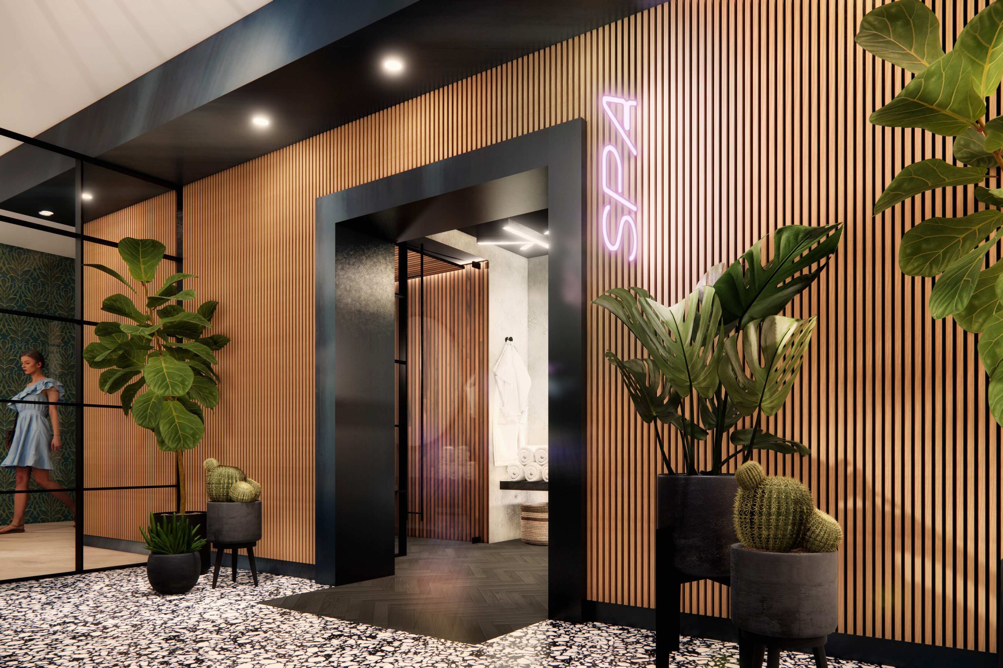rendering of entry to sauna with spin sign Waterloo Tower, student housing apartment in West Campus near UT Austin.