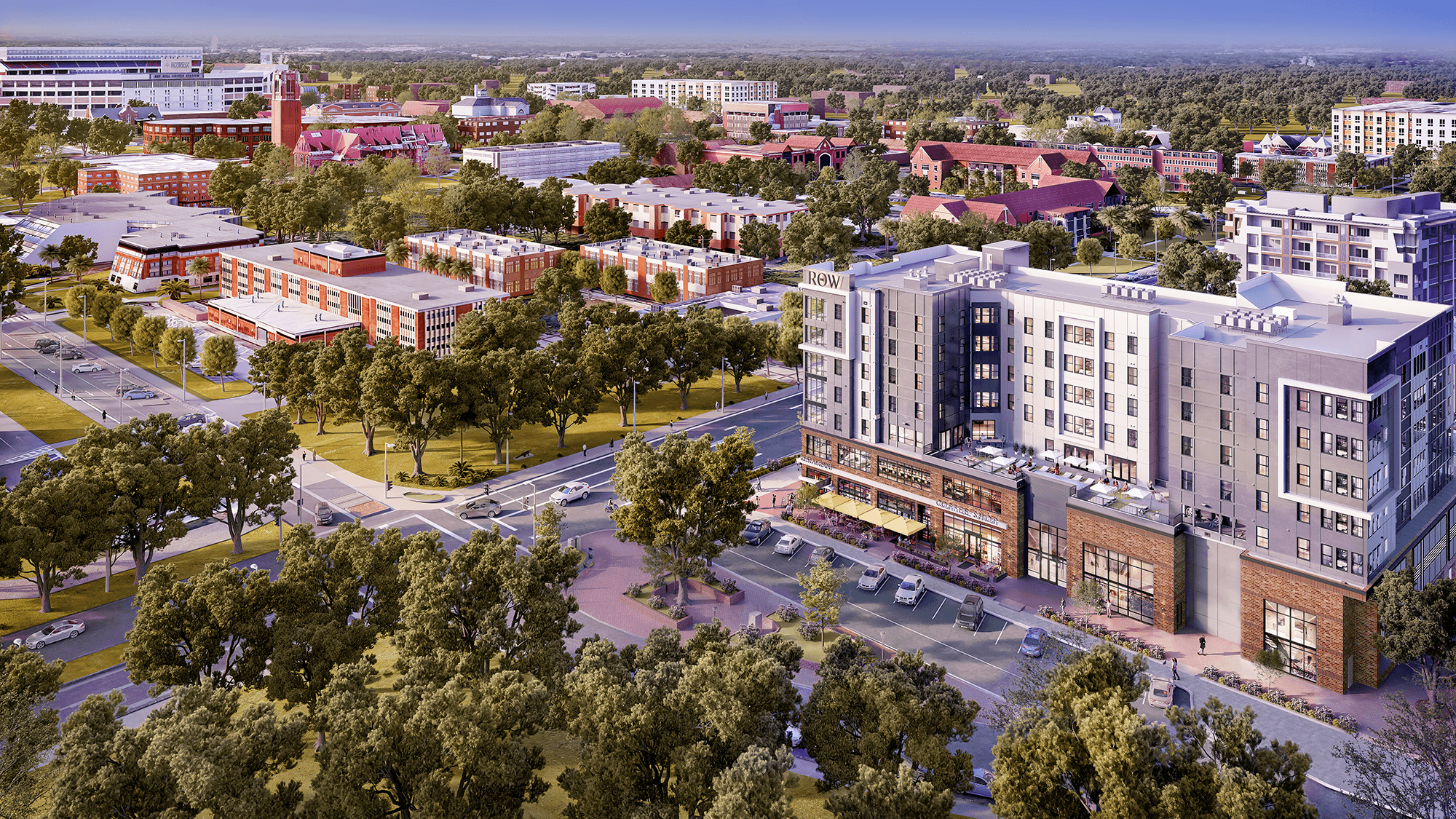 aerial rendering of the exterior of the row, a new student housing development opening in gainesville near uf fall 2023