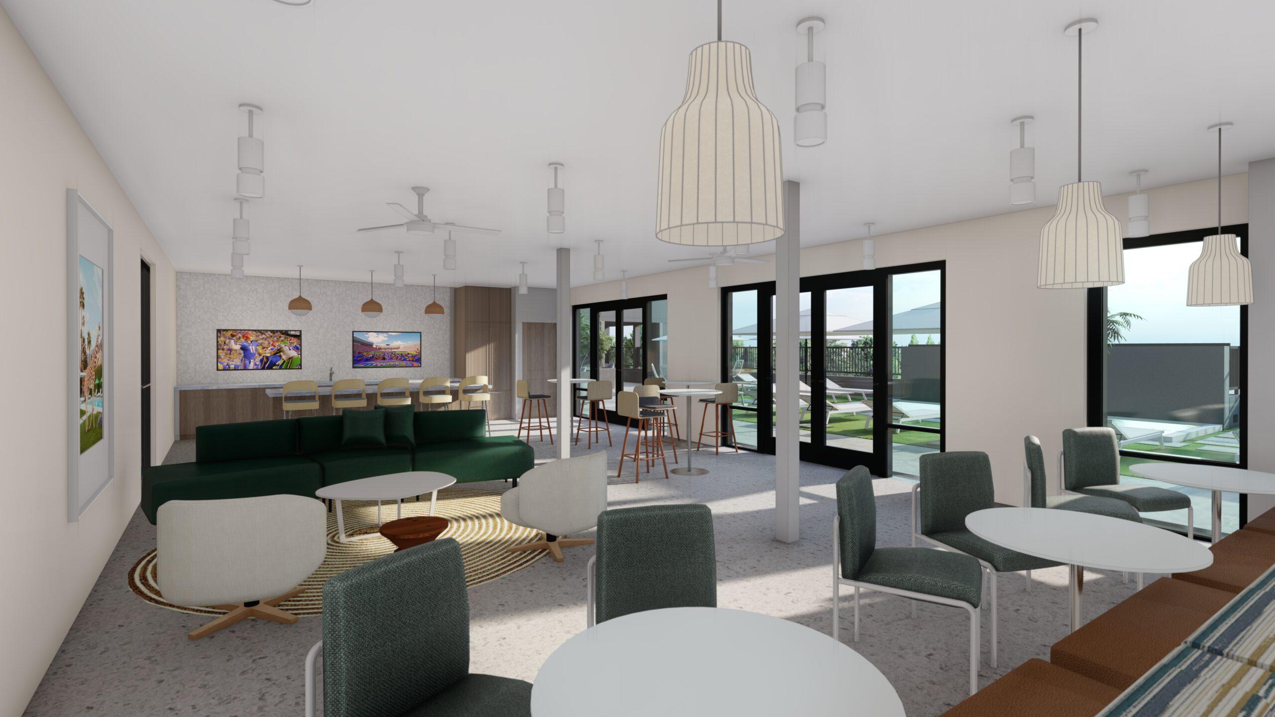 Interior rendering of the amenity lounge at the row, a new student housing apartment opening fall 2023 in gainesville near UF