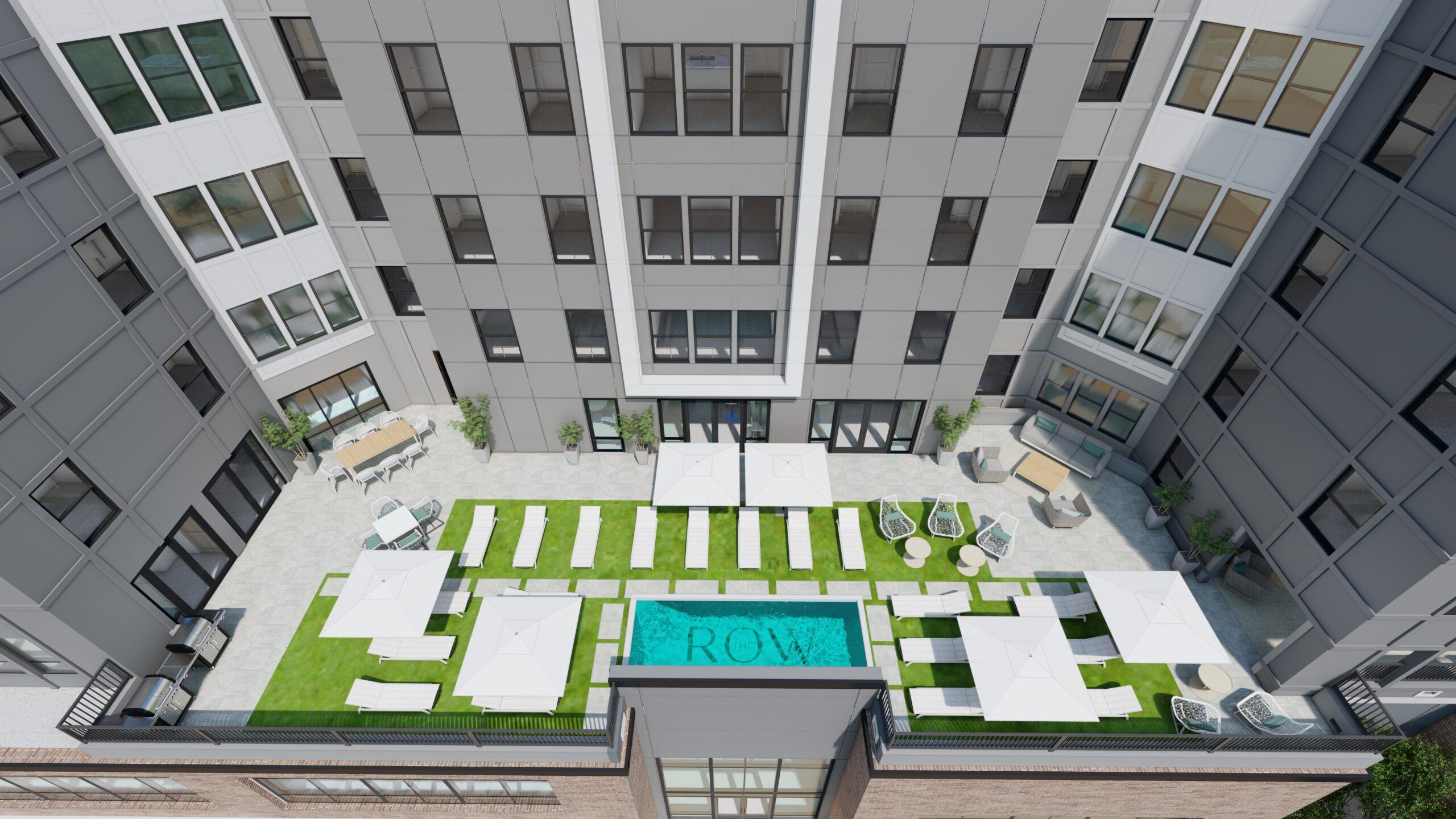 Rendering of the pool deck at the row, a new student housing apartment opening fall 2023 in gainesville near UF
