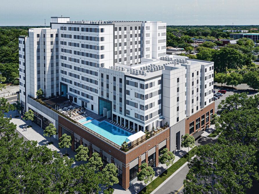 Aerial rendering of Evolve, a new student housing development in Gainesville for UF students