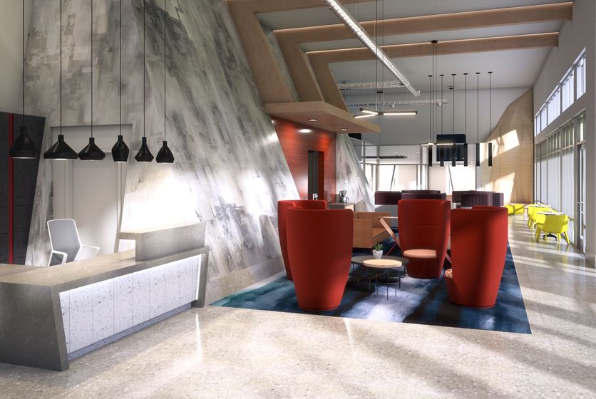 Interior rendering of the lobby at Ufora, a new student housing apartment in Gainesville near UF in fall 2023