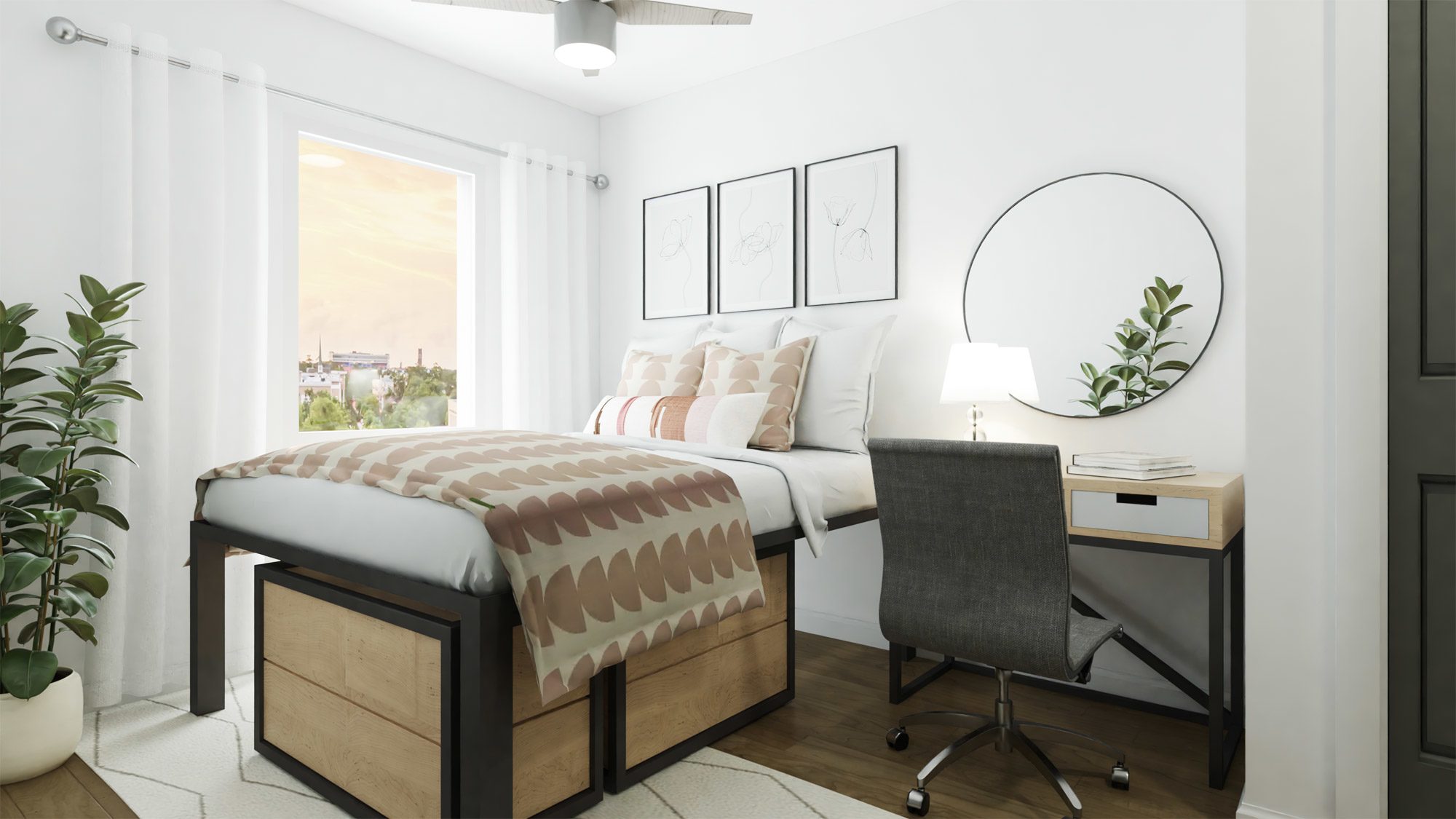 Rendering of the interior of a bedroom at Sweetwater apartments.