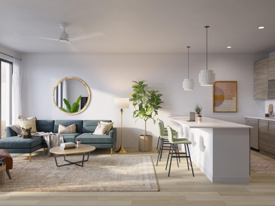 Rendering of unit interior at Sweetwater apartments.