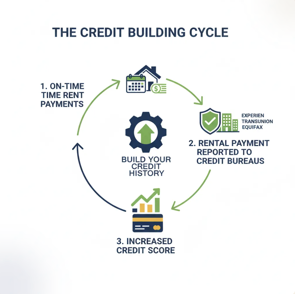 A circular flowchart titled The Credit Building Cycle shows three steps: 1) On-time rent payments, 2) Rental payment reported to credit bureaus, 3) Increased credit score, leading to building credit history.