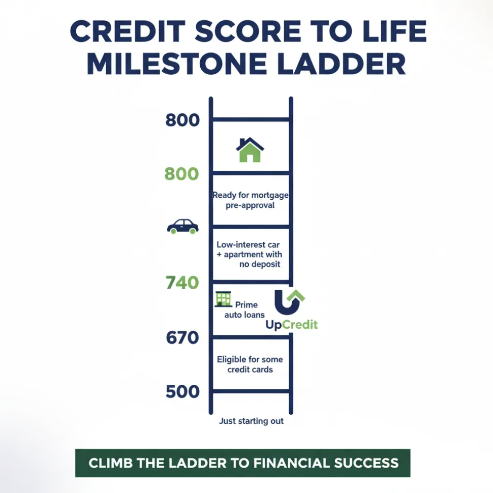 A vertical ladder illustrates credit score milestones from 500 to 800, showing eligibility for credit cards, auto loans, and mortgages. Icons for a credit card, car, and house mark each level as scores increase.